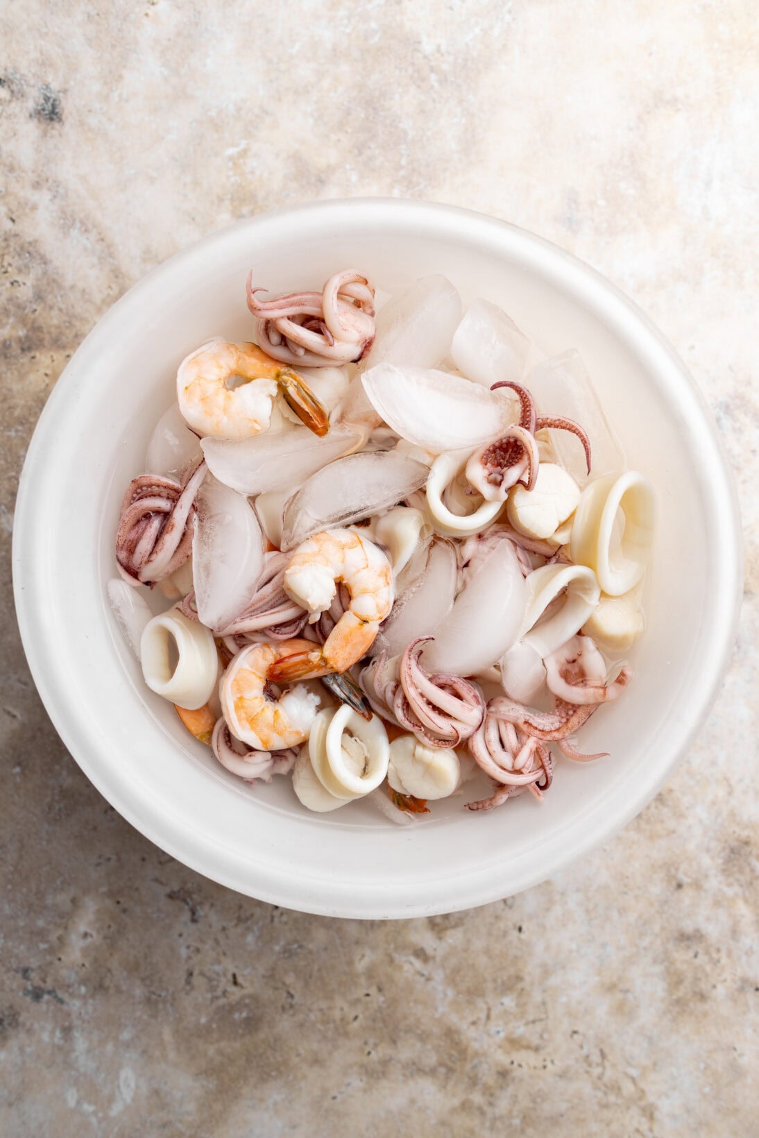 step by step: blanching the seafood in ice water
