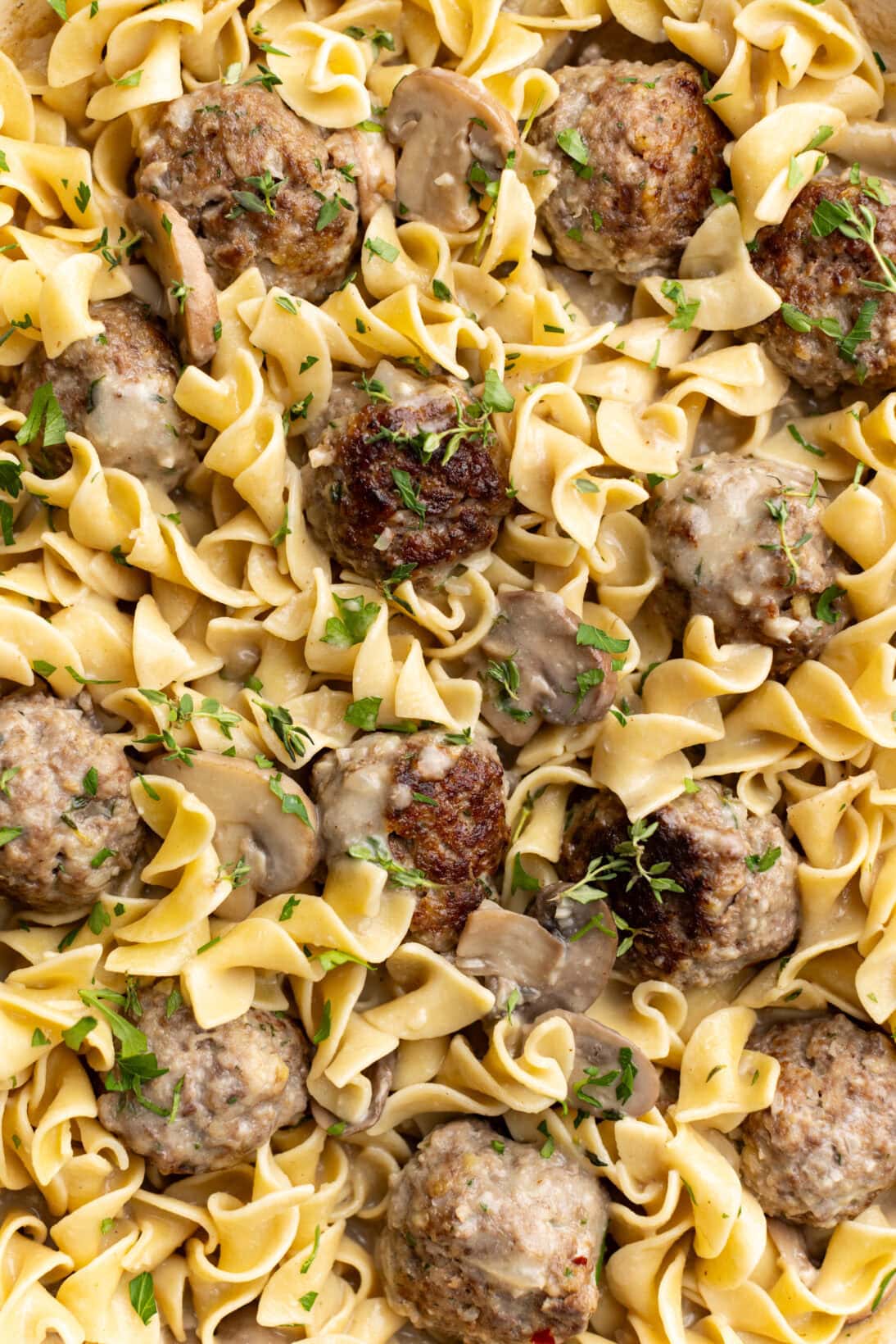 Up close beef stroganoff meatballs