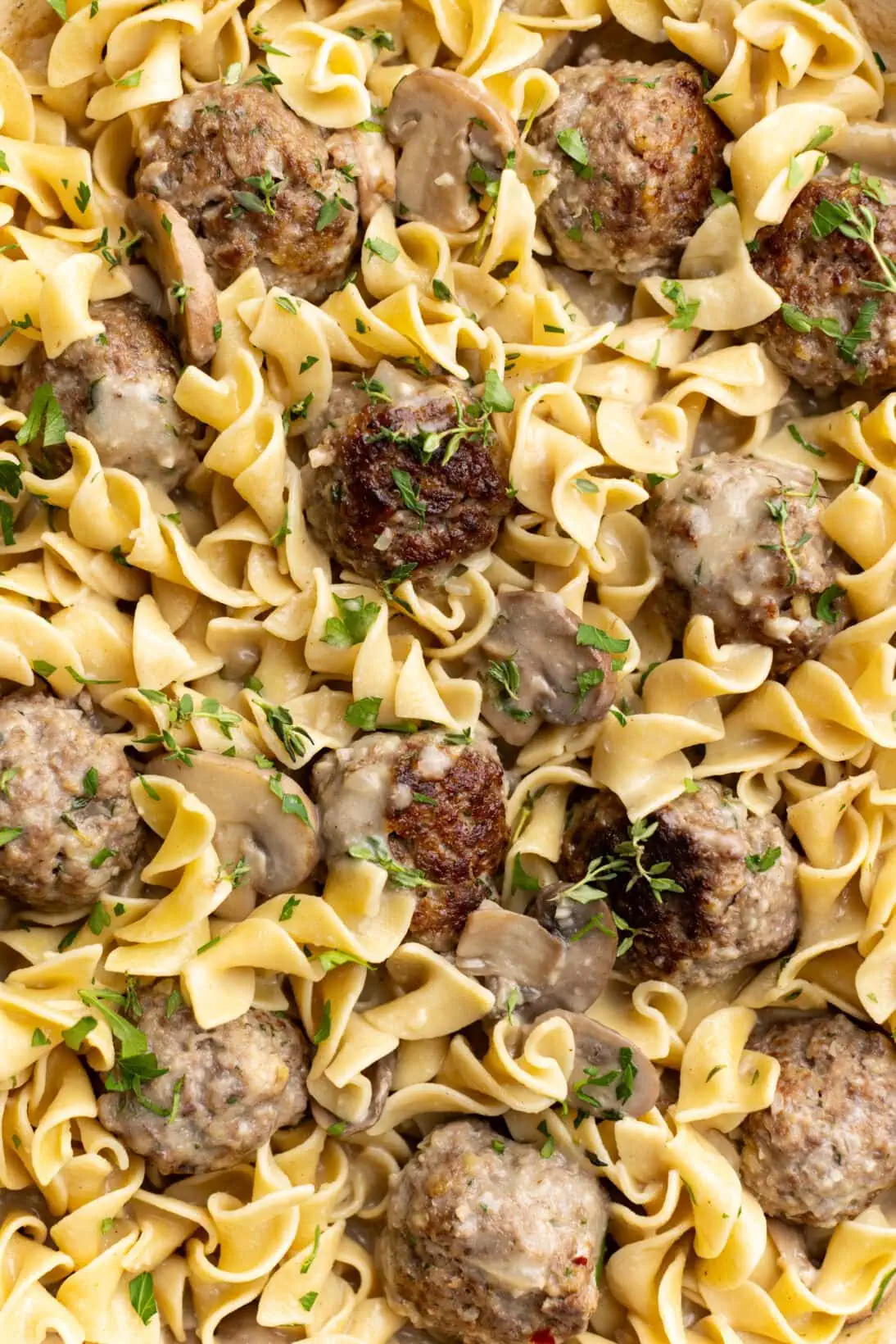 Up close beef stroganoff meatballs