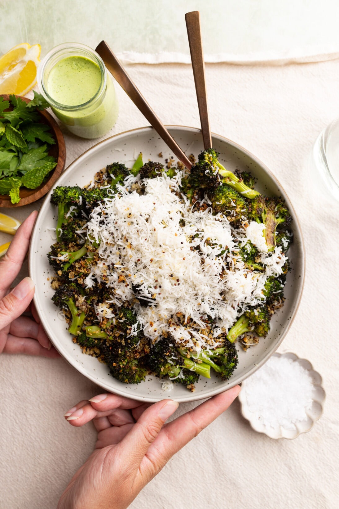 serving roasted broccoli salad.