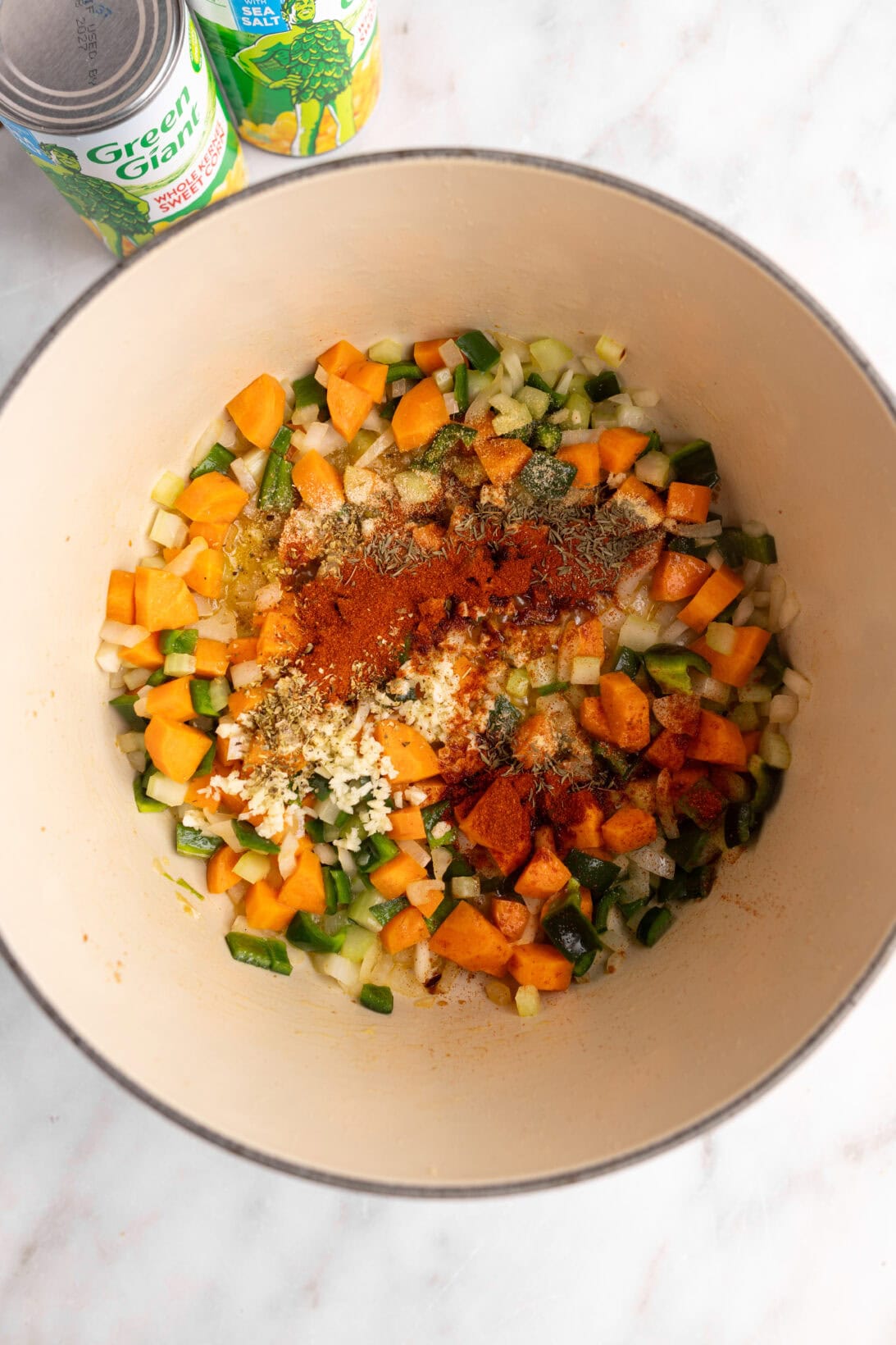 step by step: adding the garlic and spices