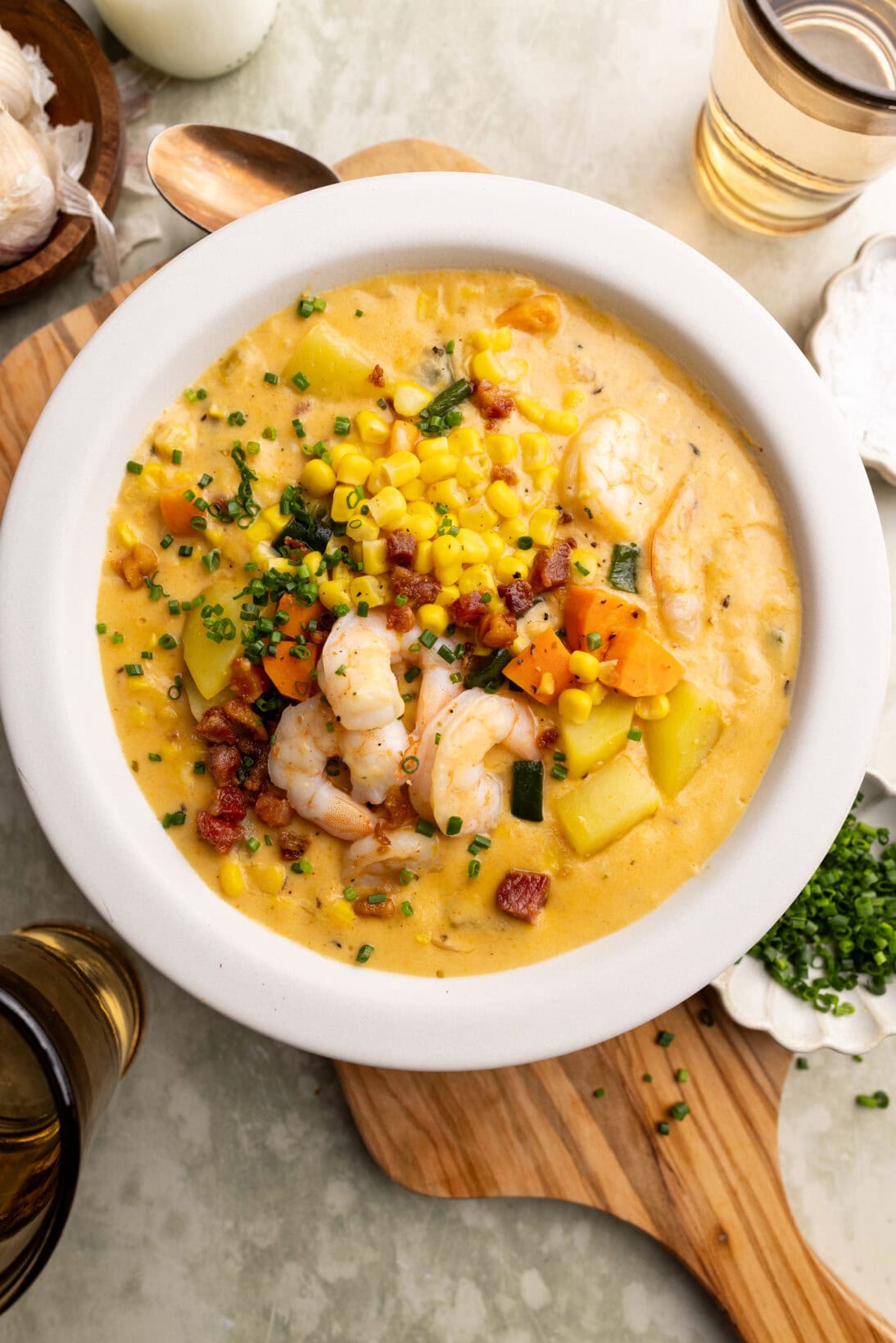 bowl of cajun shrimp and corn chowder