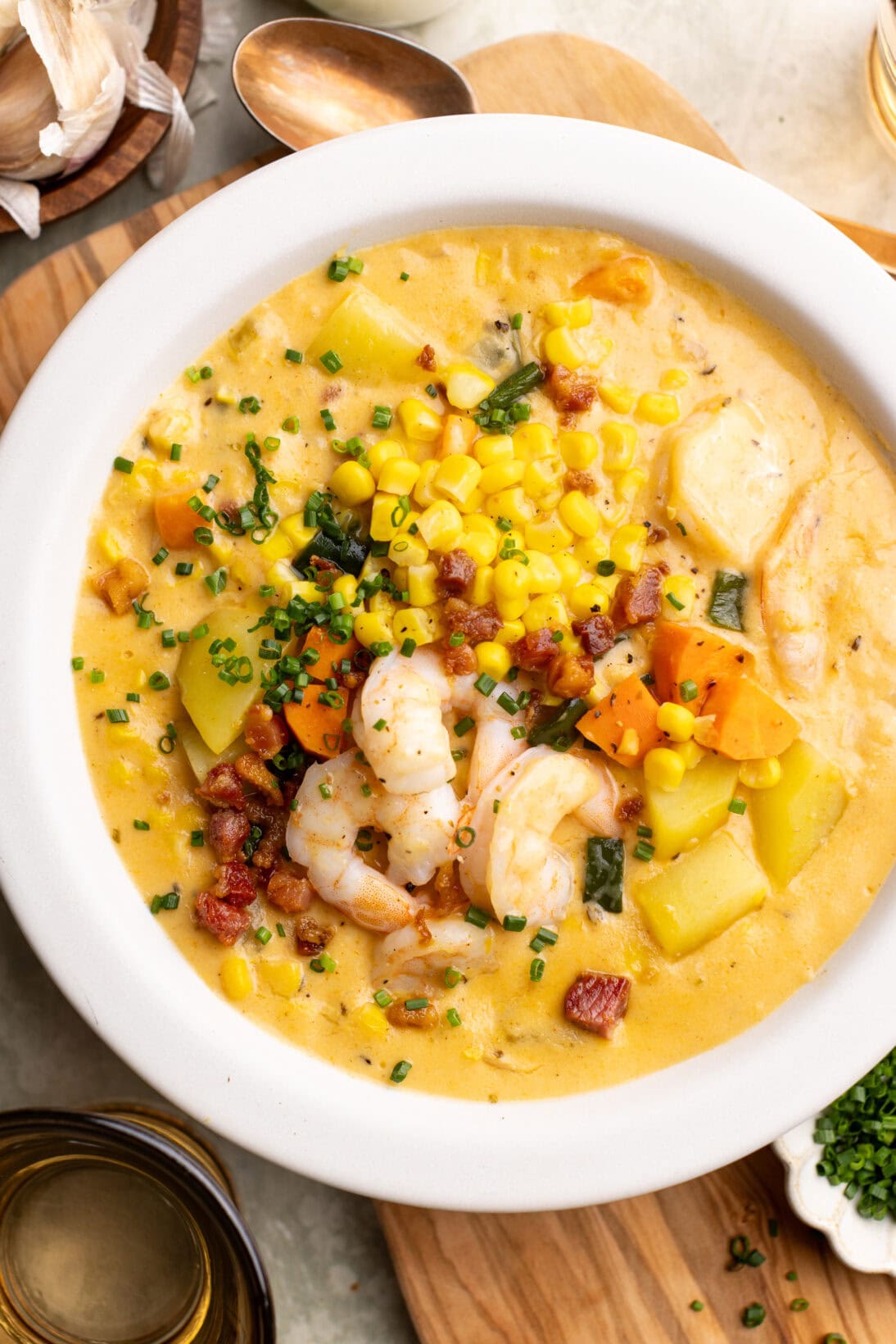 up close bowl of cajun shrimp and corn chowder