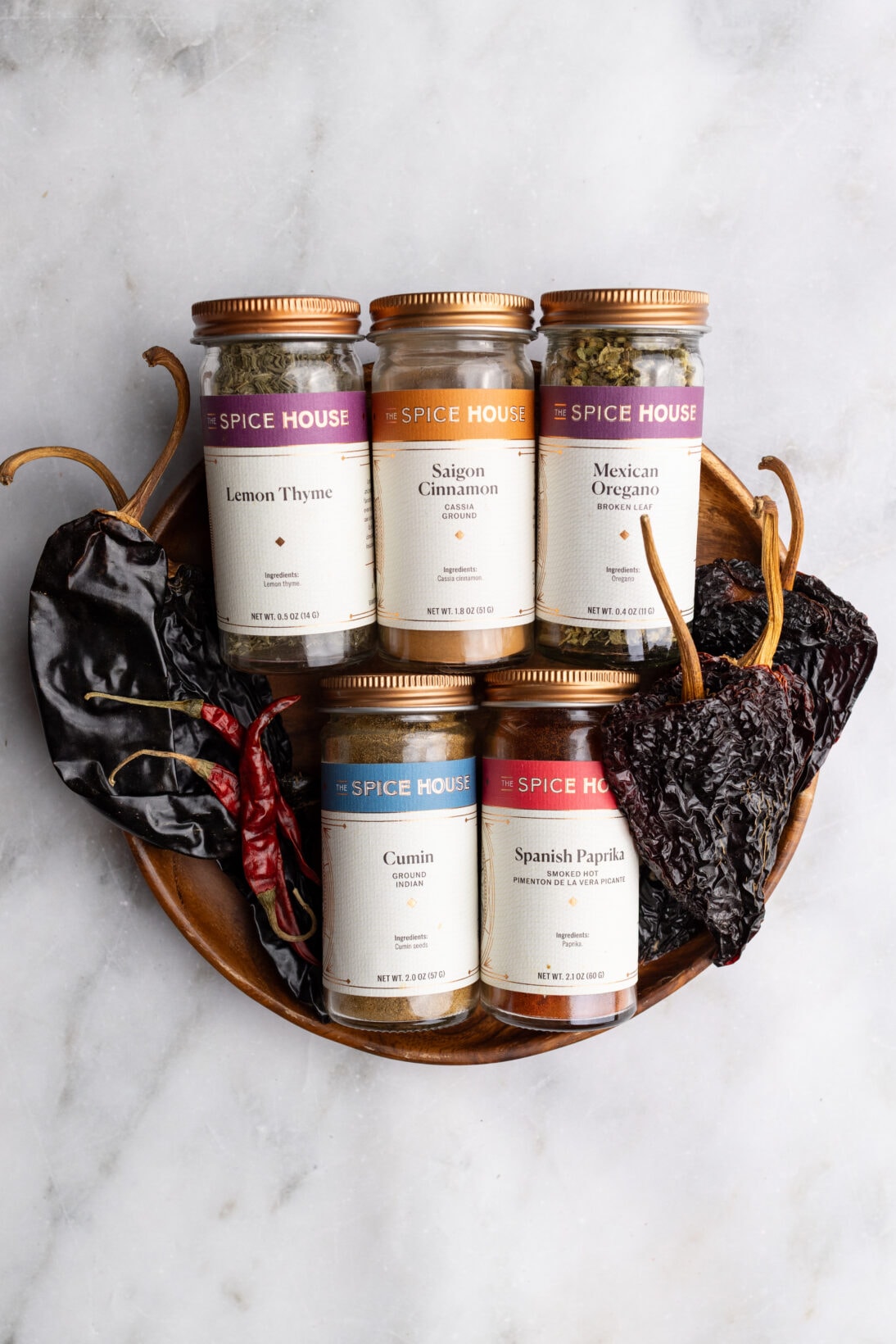 spices used in this recipe: thyme, cinnamon, Mexican oregano, cumin, and Spanish paprika, including the dried chilies: guajillo, ancho, and arbol.