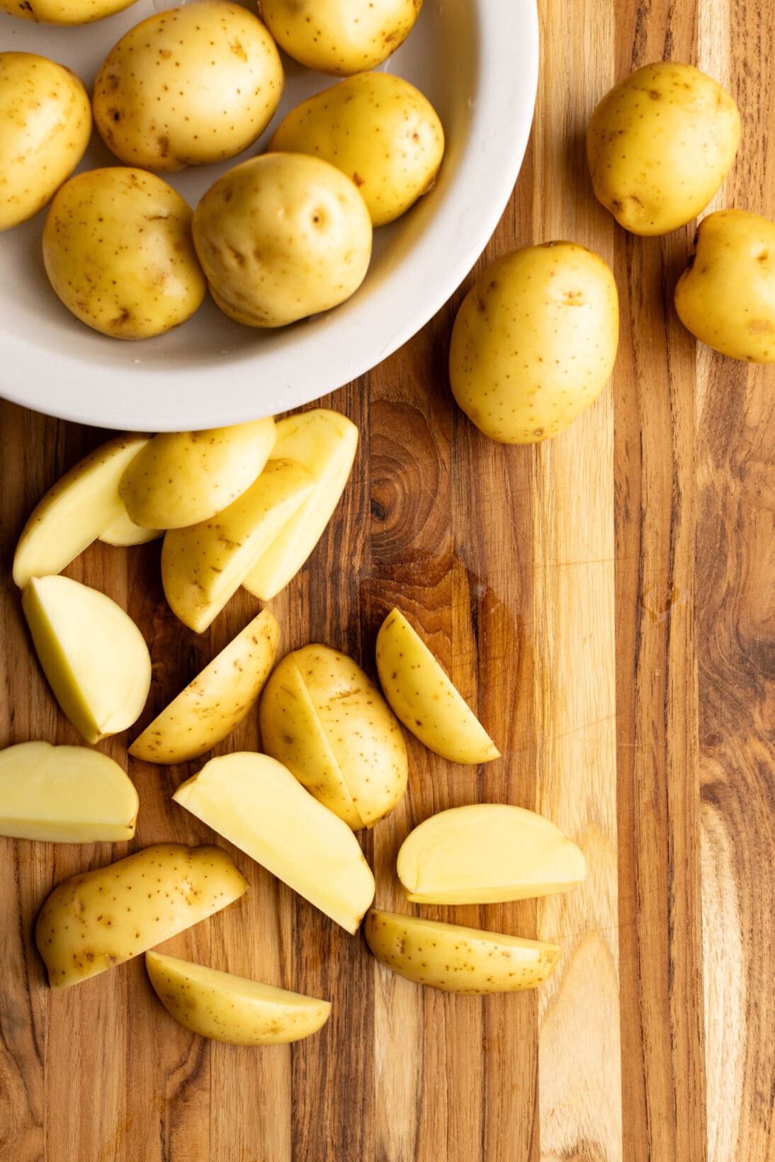 step by step: cutting the baby yellow dutch potatoes.