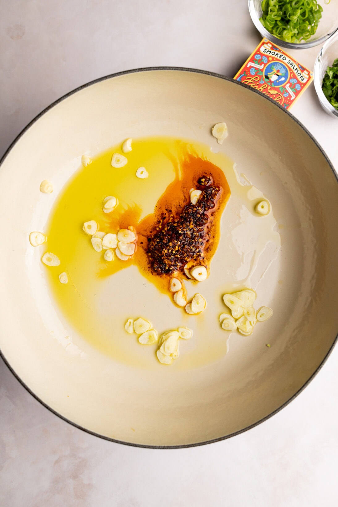 step by step: sautéing the garlic with chili crisp