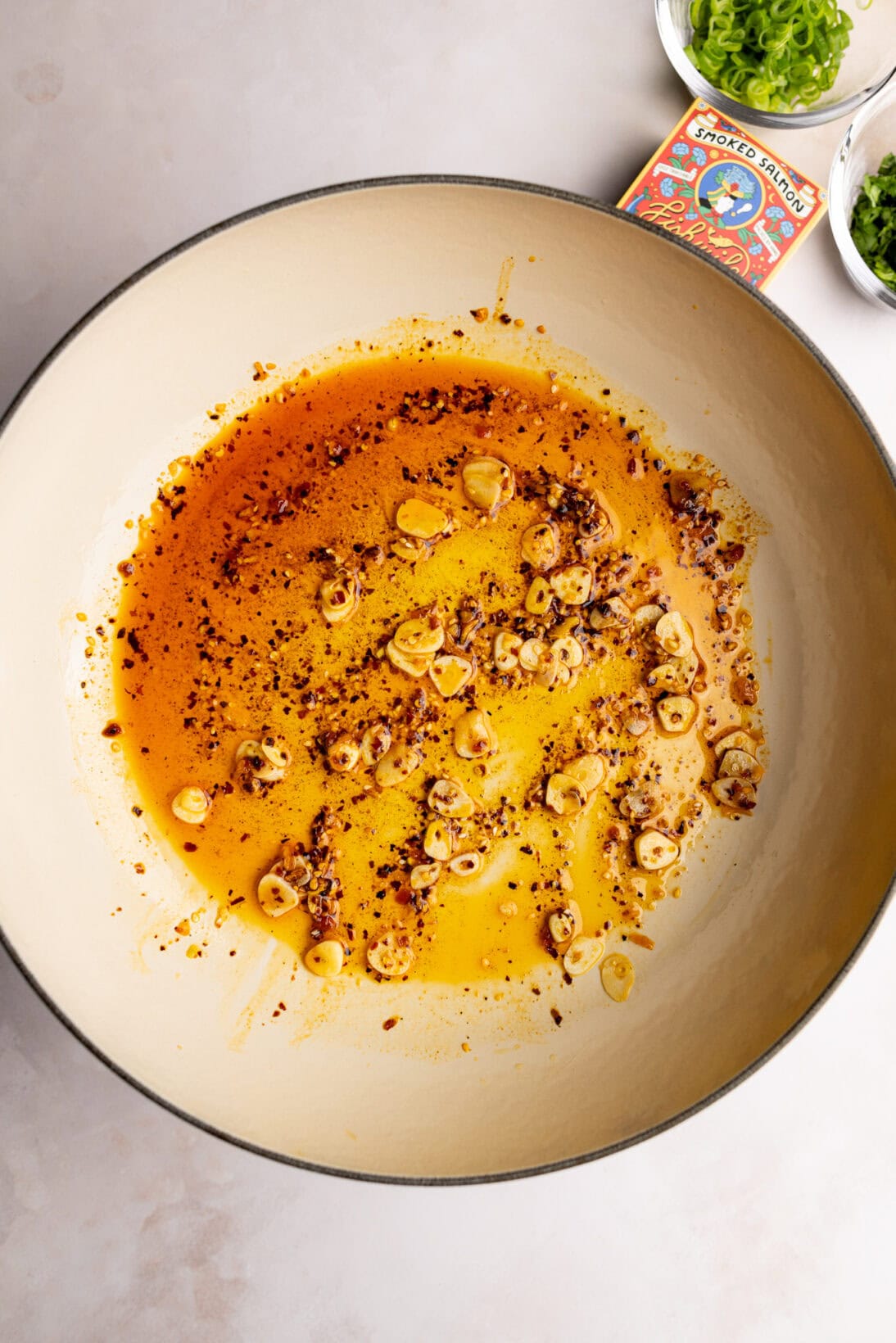 step by step: sautéing the garlic with chili crisp