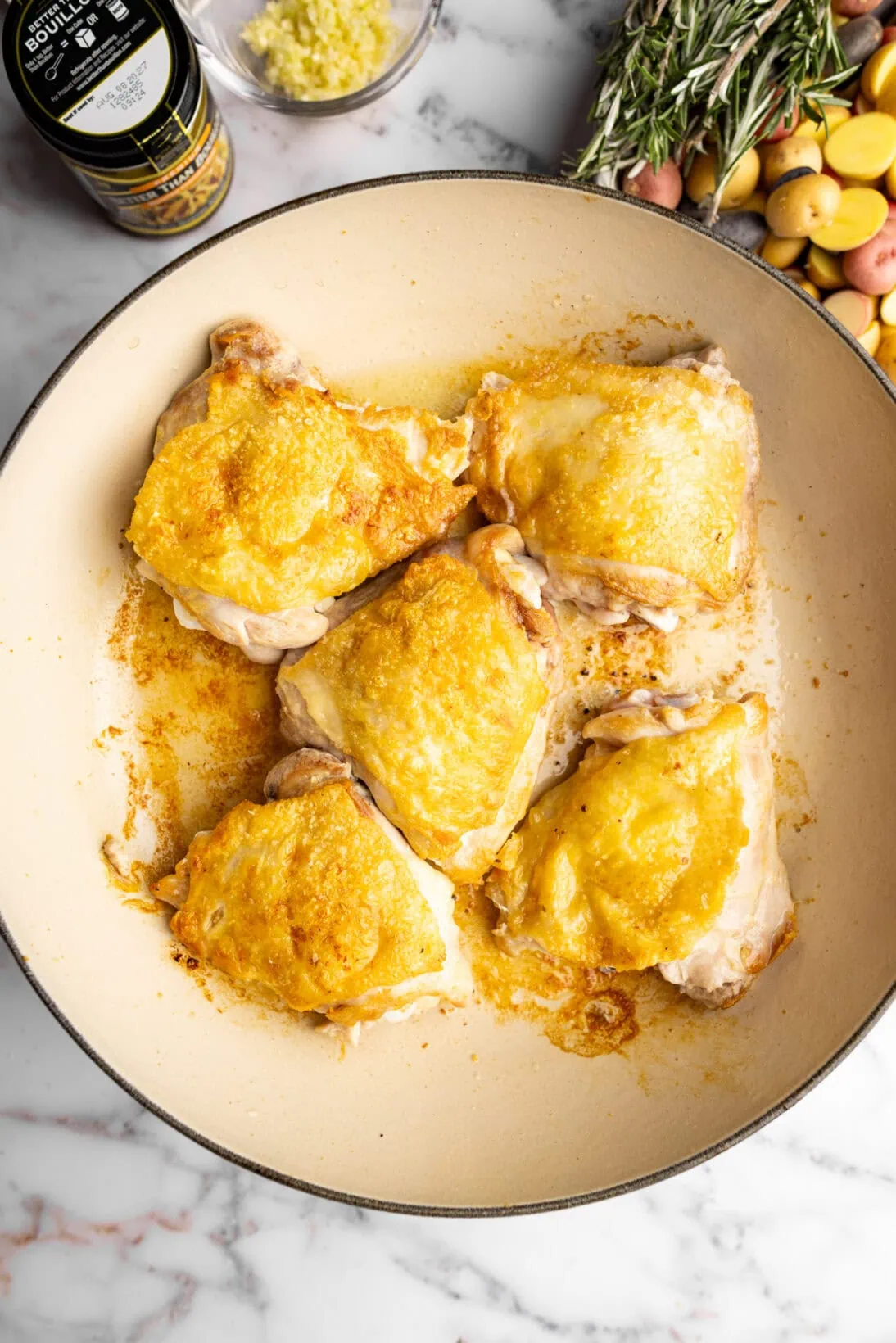 step by step: searing the chicken, skin side up.