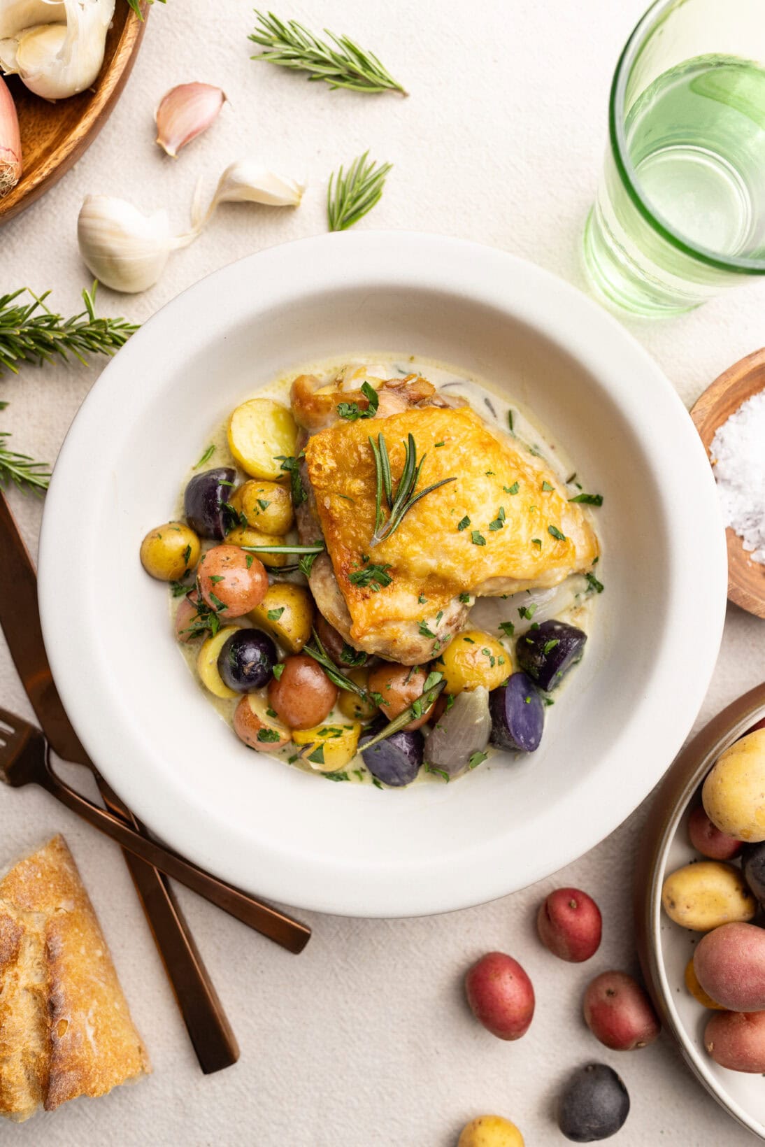 a bowl with rosemary chicken over tender potatoes and the rosemary cream sauce