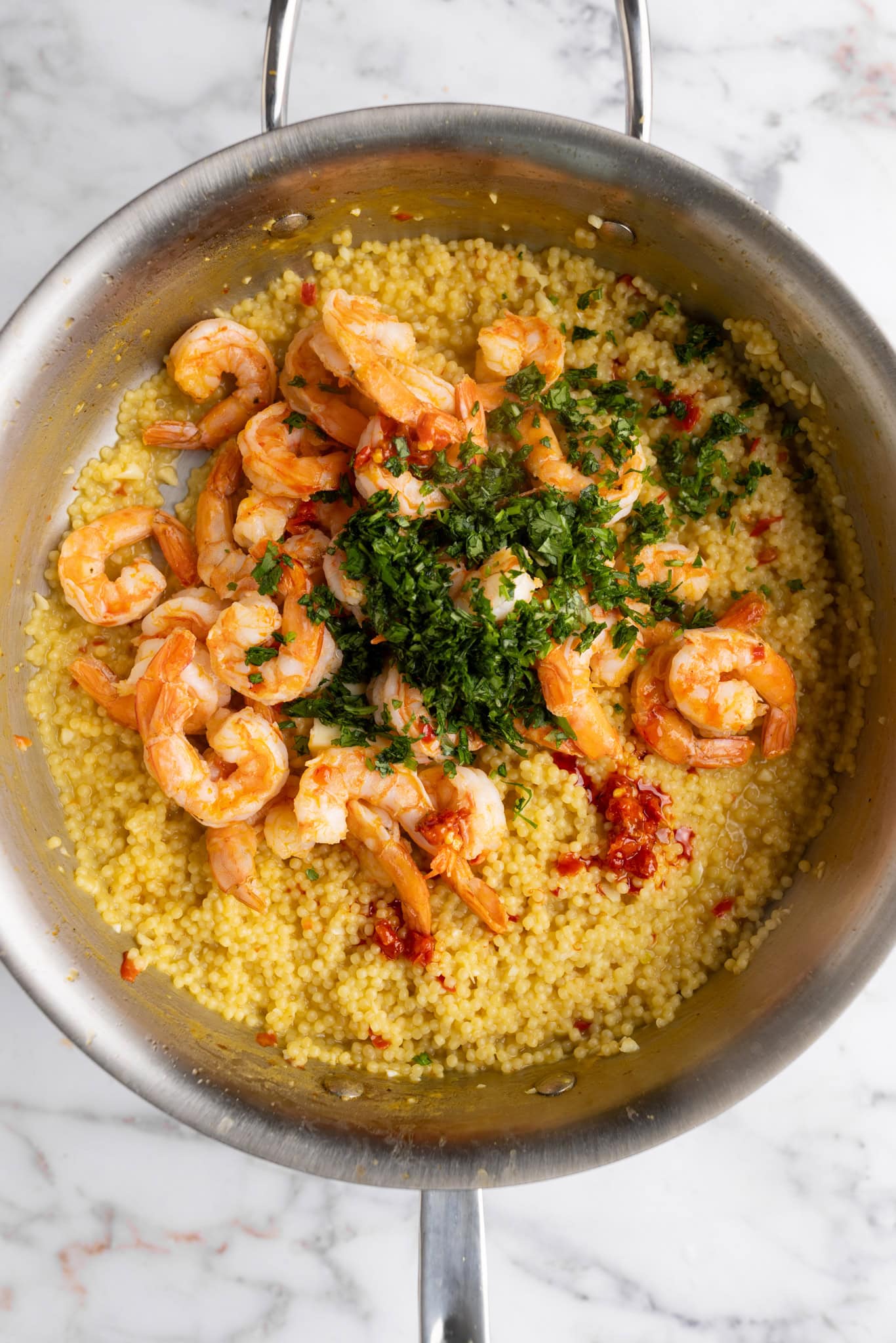 step by step: adding the shrimp and cilantro