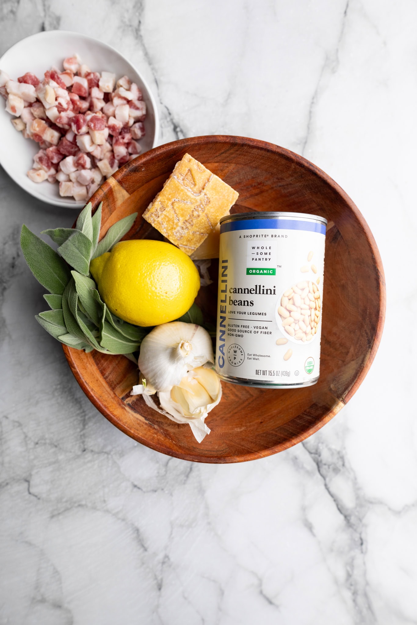 the ingredients: pancetta, lemon, parm rind, garlic, sage and cannellini beans.