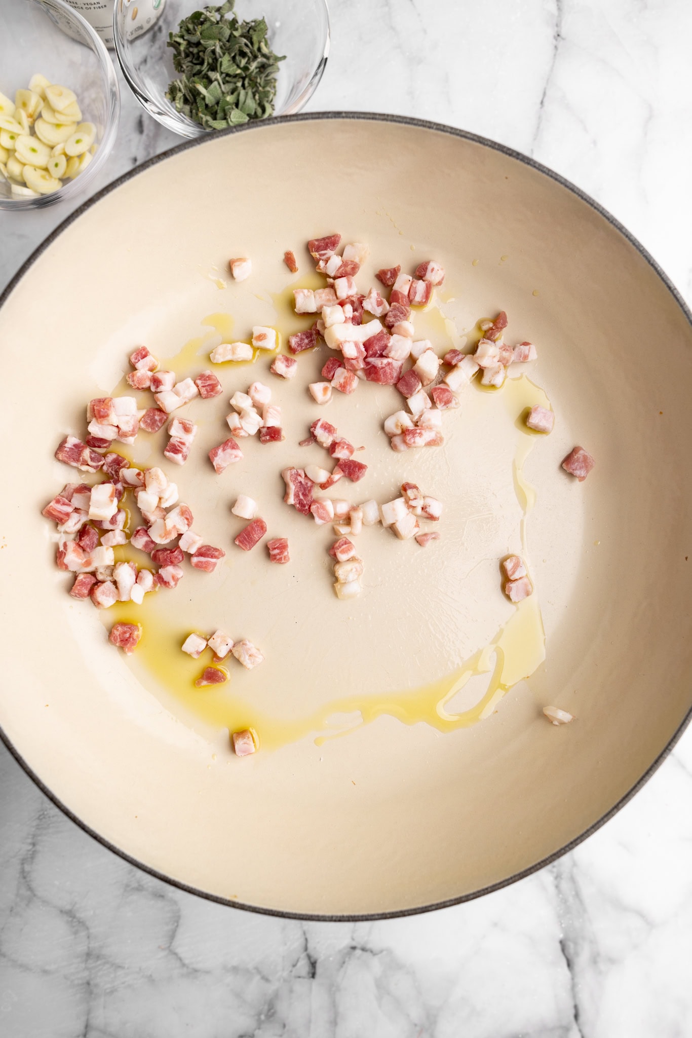 step by step: rendering the fat of the  pancetta