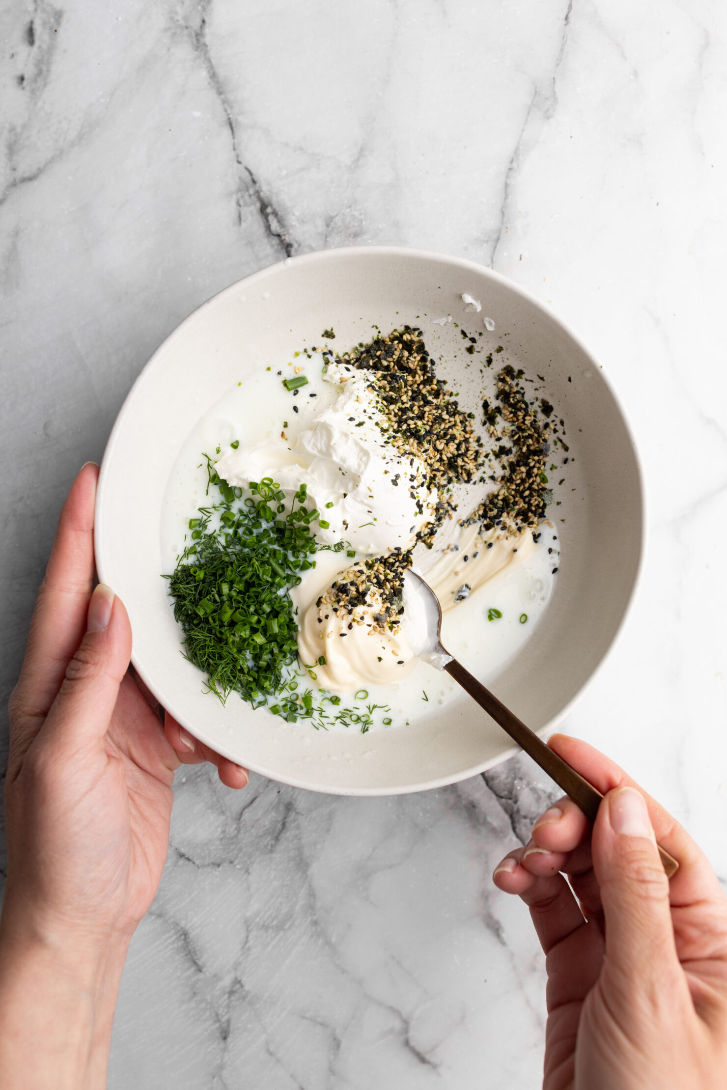 step by step: mixing the furikake ranch for the crispy potato salad