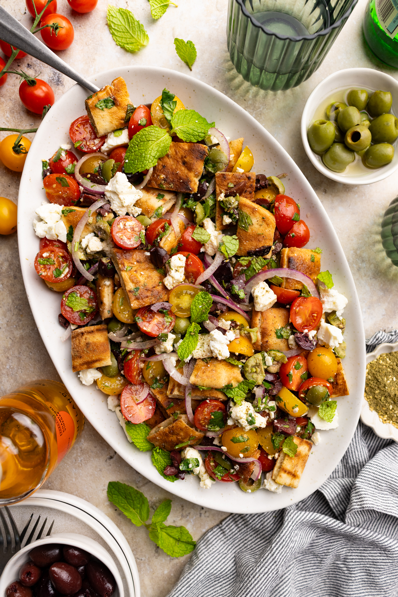 Mediterranean Panzanella Salad (tomatoes, onions, feta, 2 olives, and grilled pita bread)